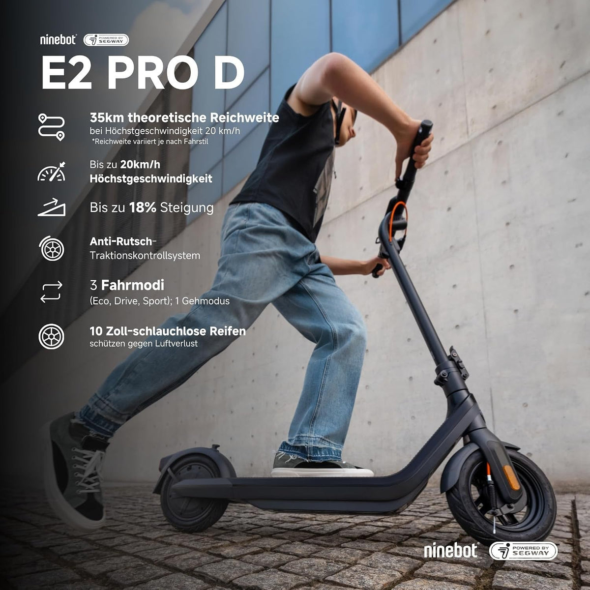Segway Ninebot E2 Pro D E-Scooter, 10 Zoll, 350 W (750 W Peak), 35 km Reichweite, Straßenzulassung, Schwarz – Bild 2
