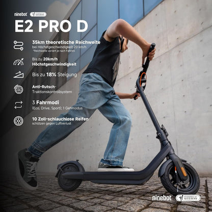 Segway Ninebot E2 Pro D E-Scooter, 10 Zoll, 350 W (750 W Peak), 35 km Reichweite, Straßenzulassung, Schwarz – Bild 2